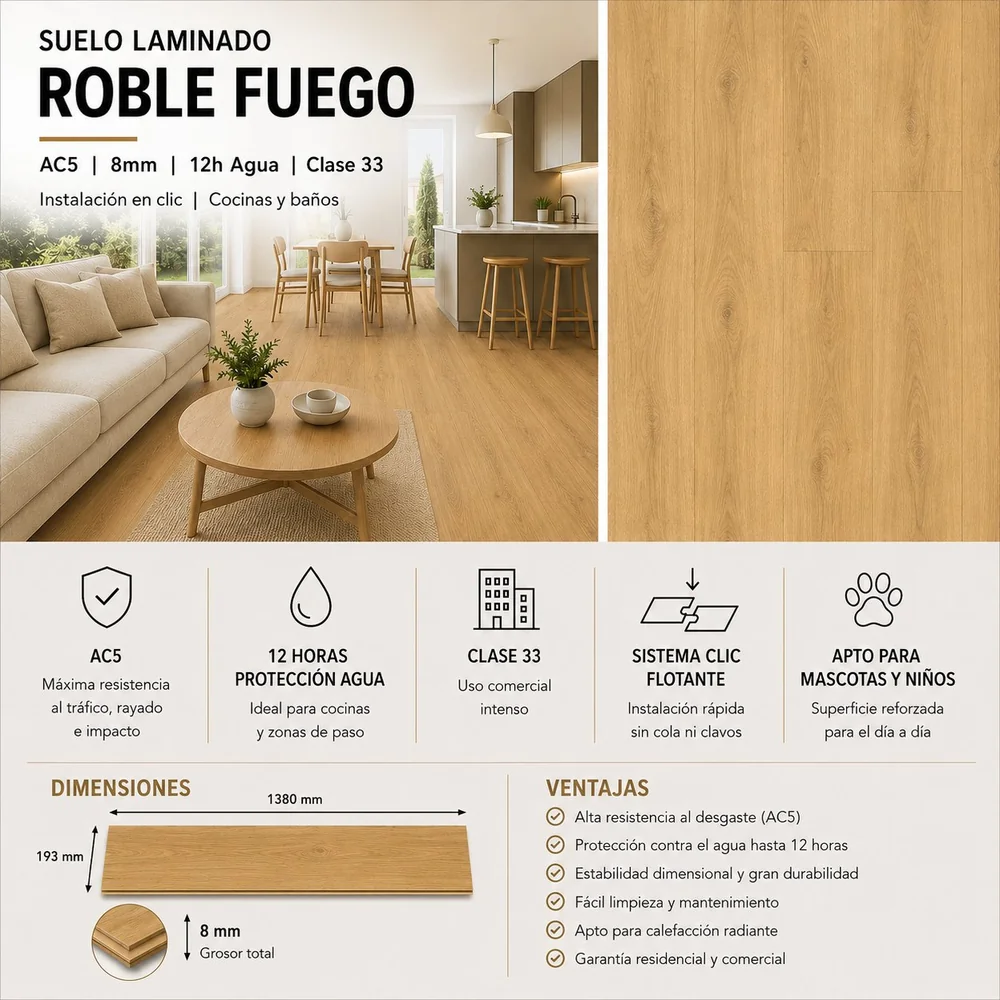 Tarimas Laminada Suelo Laminado Roble Fuego AC5 8mm | 12h Resistencia al Agua | Fácil Instalación