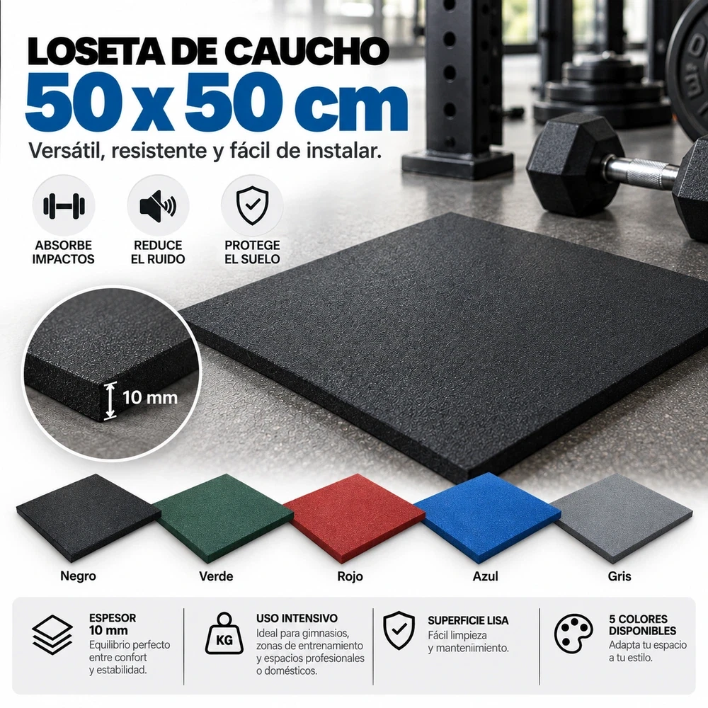 Caucho Macizo Loseta Caucho Negro 50×50cm | 10 mm | Alta Densidad – Suelo Gimnasio | Máquinas, Hogar, Fitness