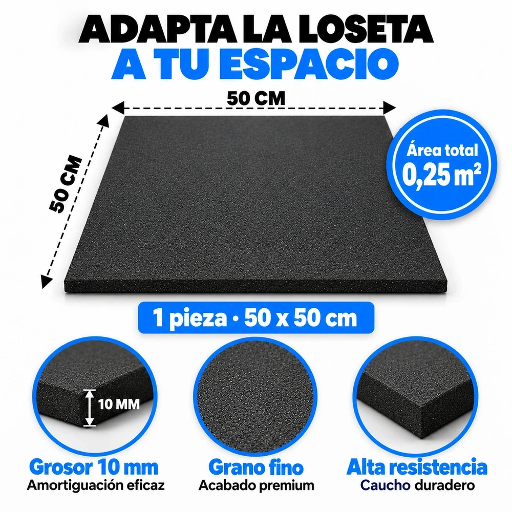 Caucho Macizo Loseta Caucho Negro 50×50cm | 10 mm | Alta Densidad – Suelo Gimnasio | Máquinas, Hogar, Fitness