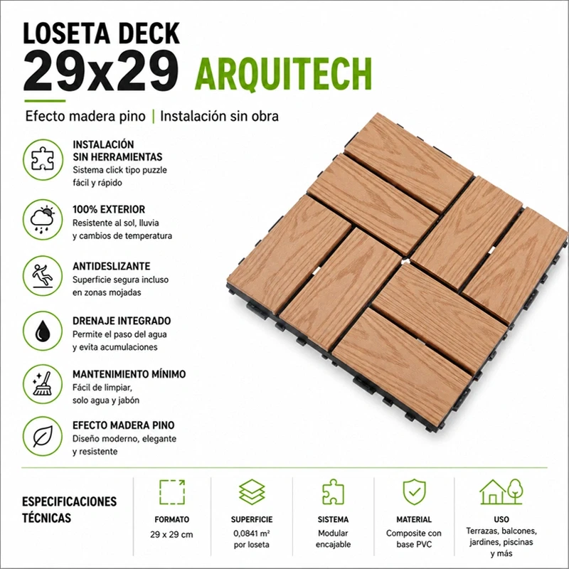 Tarima exterior Tecnológica Losetas Pino Tostado 29x29 ArquiTech