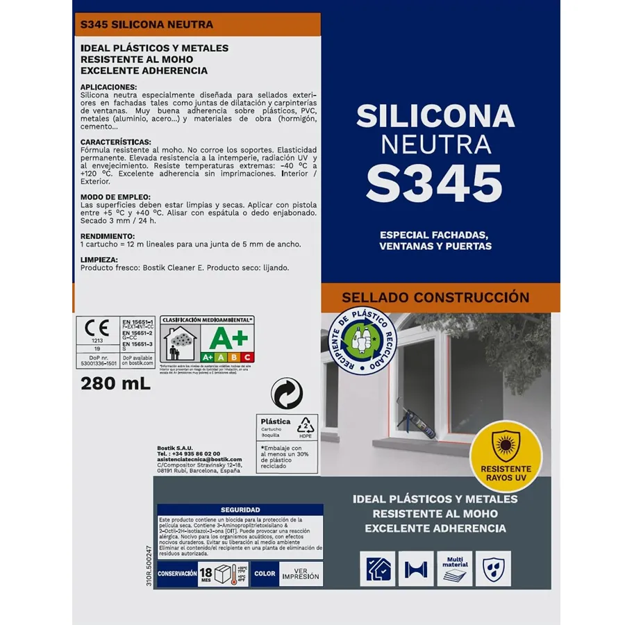 Obras accesorios Pentanona-oxima silicona neutra Silicona Neutra especial Fachadas, Ventanas y Puertas S345