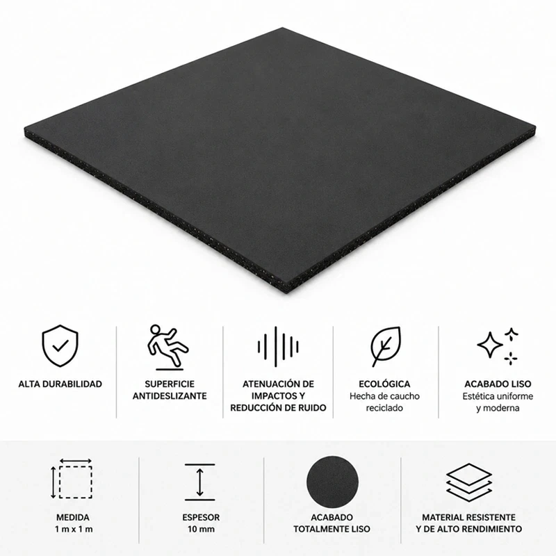 Caucho Macizo Loseta Caucho 1x1 Negro | 10mm | Densidad Plus + | Suelo Gimnasio | Amortiguación