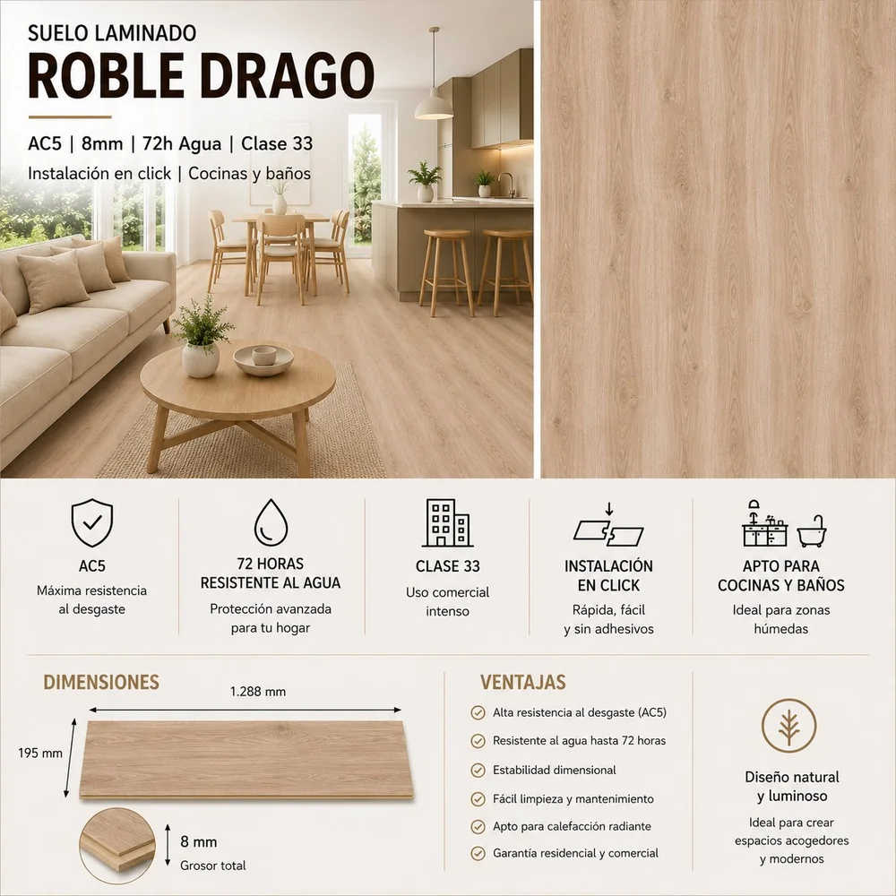 Tarimas Laminada Suelos Laminados Suelo Laminado Roble Drago 8mm AC5 | 72h Agua | Tono Natural