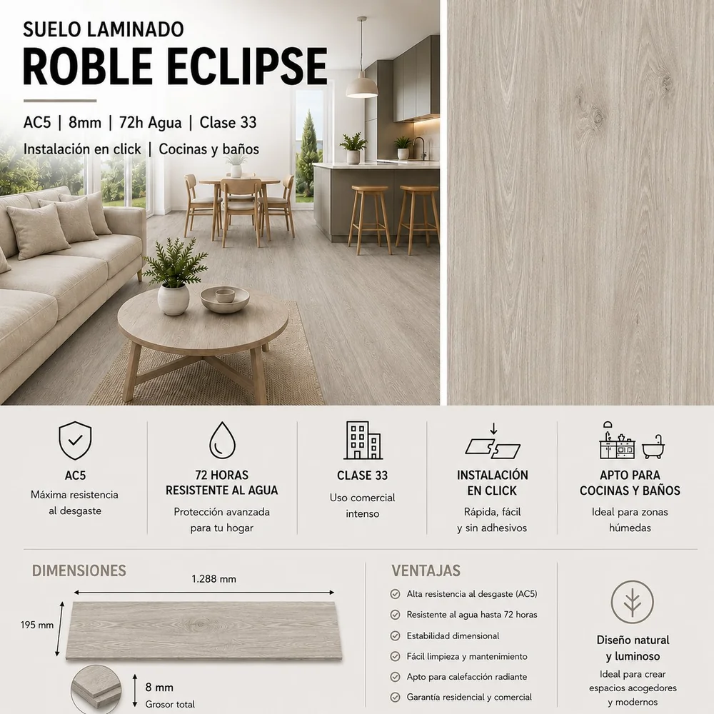 Tarimas Laminada Suelo Laminado Gris Roble Eclipse | AC5 | 8mm | Resistencia Humedad