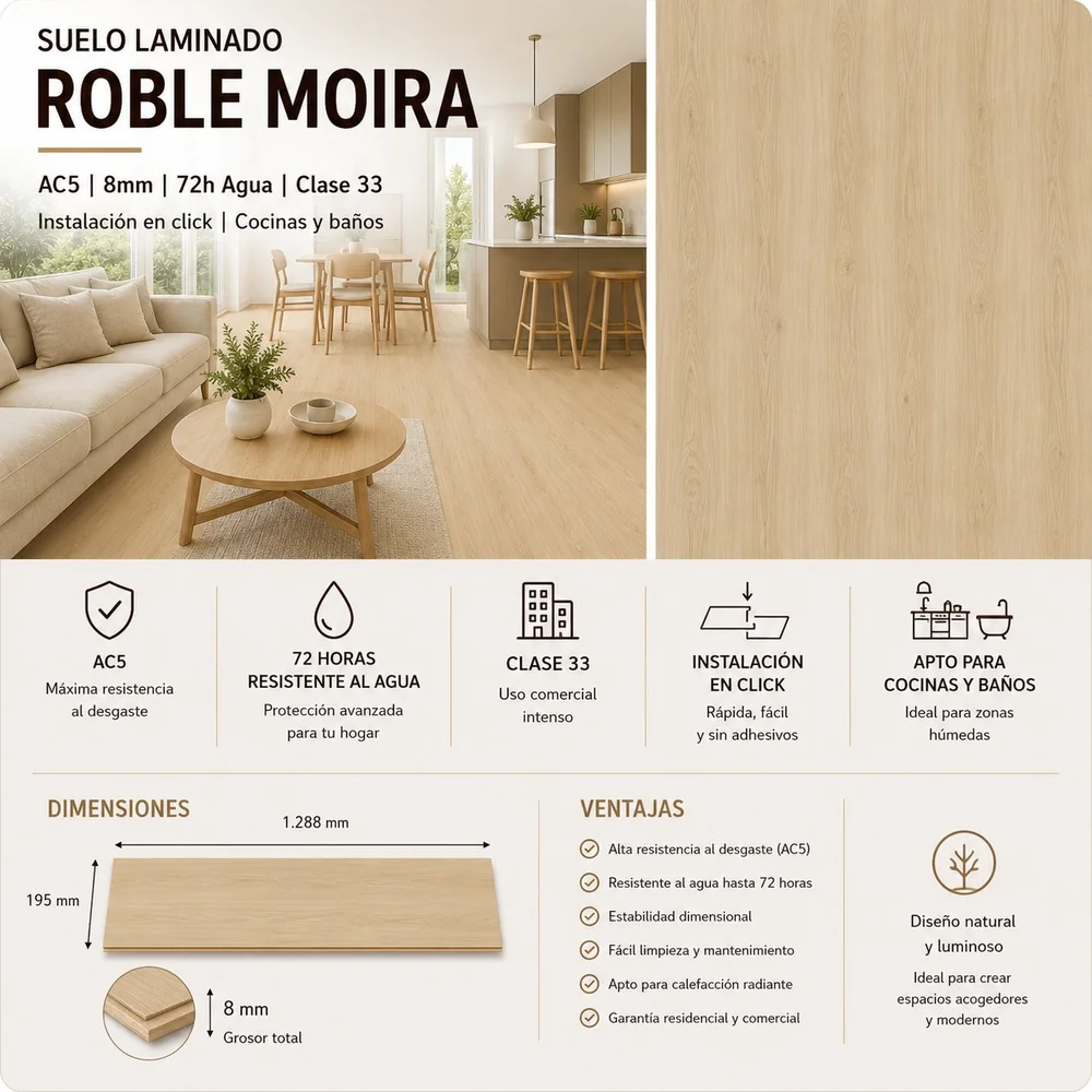 Tarimas Laminada Suelo Laminado Roble Moira 8mm AC5 | Resistente Agua | Clase 33