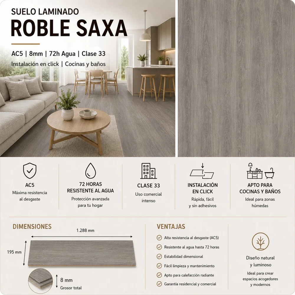 Tarimas Laminada Suelo Laminado Roble Saxa 8mm AC5 | 72h Agua | Gris Oscuro