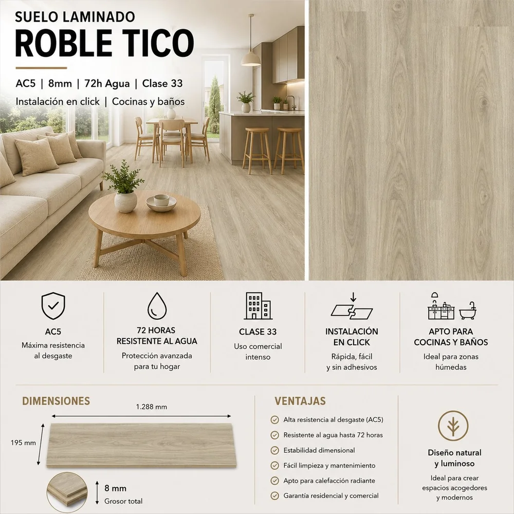Tarimas Laminada Tarima Laminada Roble Tico 8mm AC5 Sin Bisel — Beige Gris Resistente al Agua
