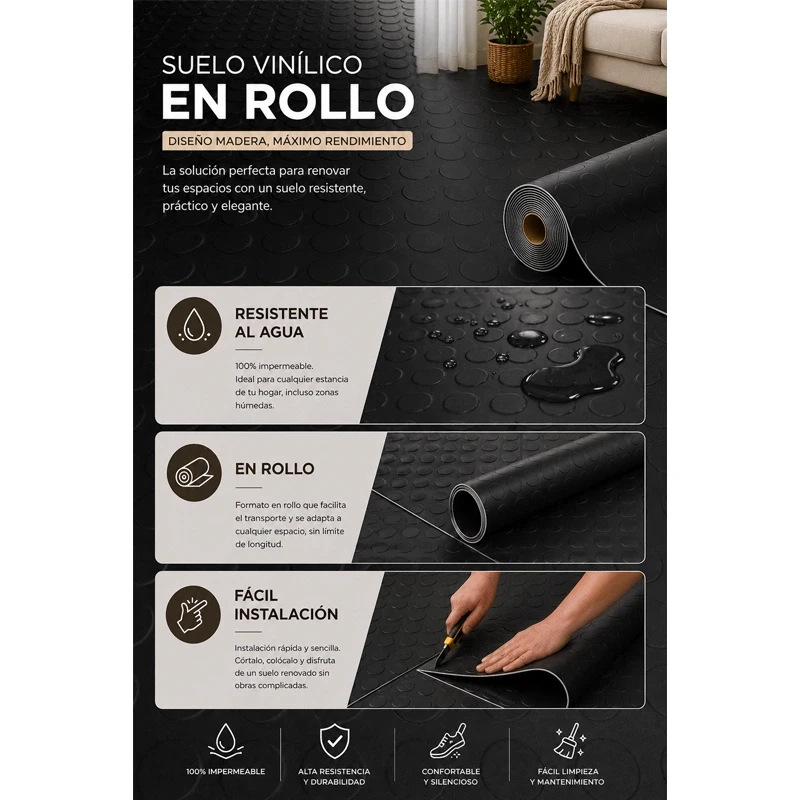Vinílicos Heterogéneo Suelo de Vinilo en Rollo Círculos Negro Bobina 25m²