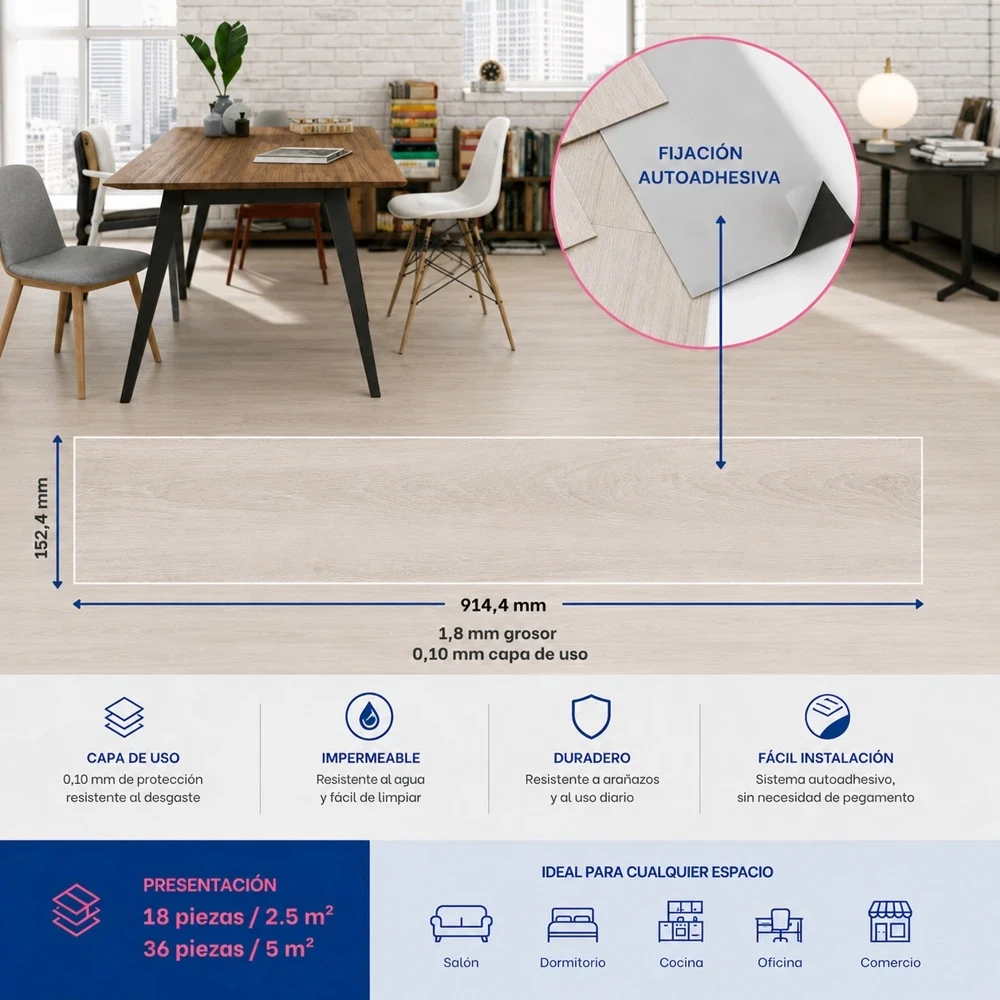 Vinílicos Heterogéneo Suelo Vinilico Autoadhesivo Roble Clásico Natural 2,5m²