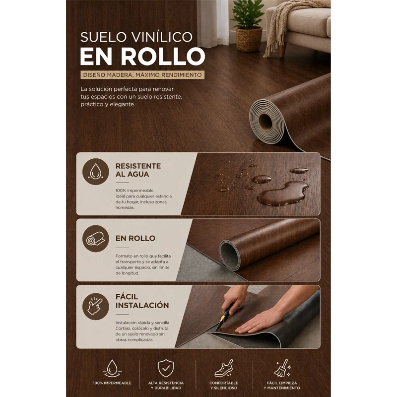 Vinílicos Heterogéneo Suelo Vinilo en Rollo Marrón Bobina 25m²