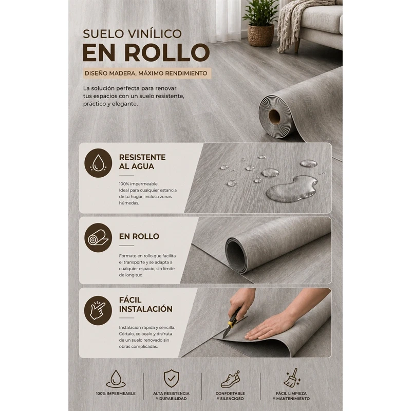 Vinílicos Heterogéneo Suelo de Vinilo en Rollo Gris <br> Bobina 25m²