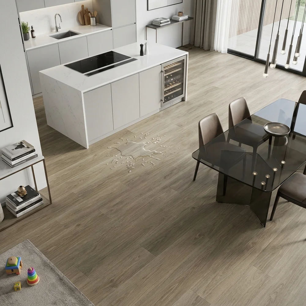 Tarimas Laminada Tarima Laminada Roble Tico 8mm AC5 Sin Bisel — Beige Gris Resistente al Agua
