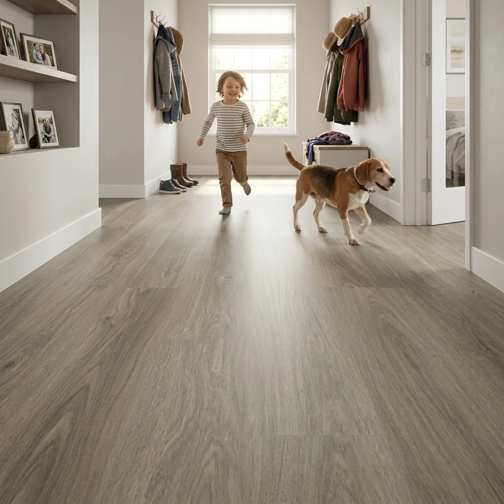 Tarimas Laminada Tarima Laminada Roble Tico 8mm AC5 Sin Bisel — Beige Gris Resistente al Agua