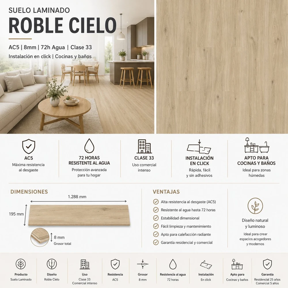 Tarimas Laminada Suelo Laminado Roble Cielo | AC5 | 8mm | 72h Agua 