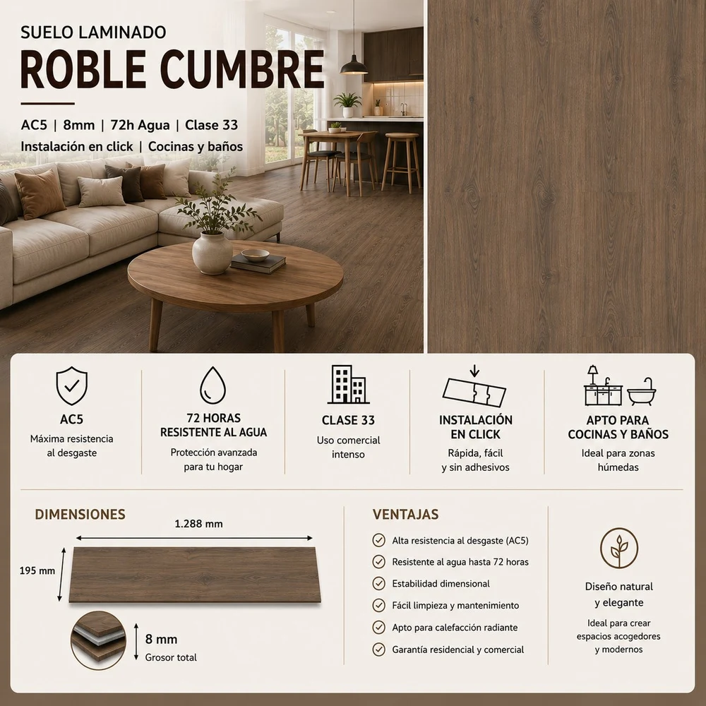 Tarimas Laminada Tarima Flotante Roble Cumbre | AC5 | 8mm | 72h Agua 