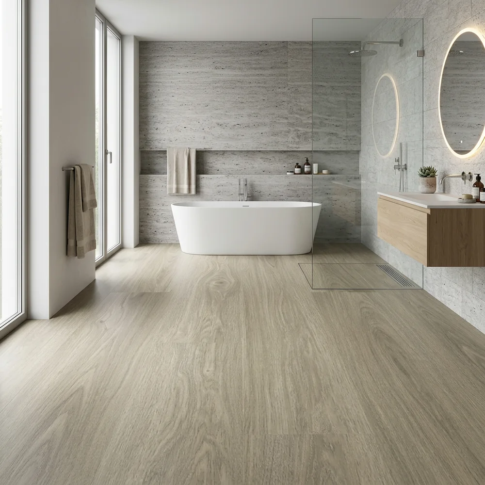 Tarima Laminada Roble Tico 8mm AC5 Sin Bisel — Beige Gris Resistente al Agua