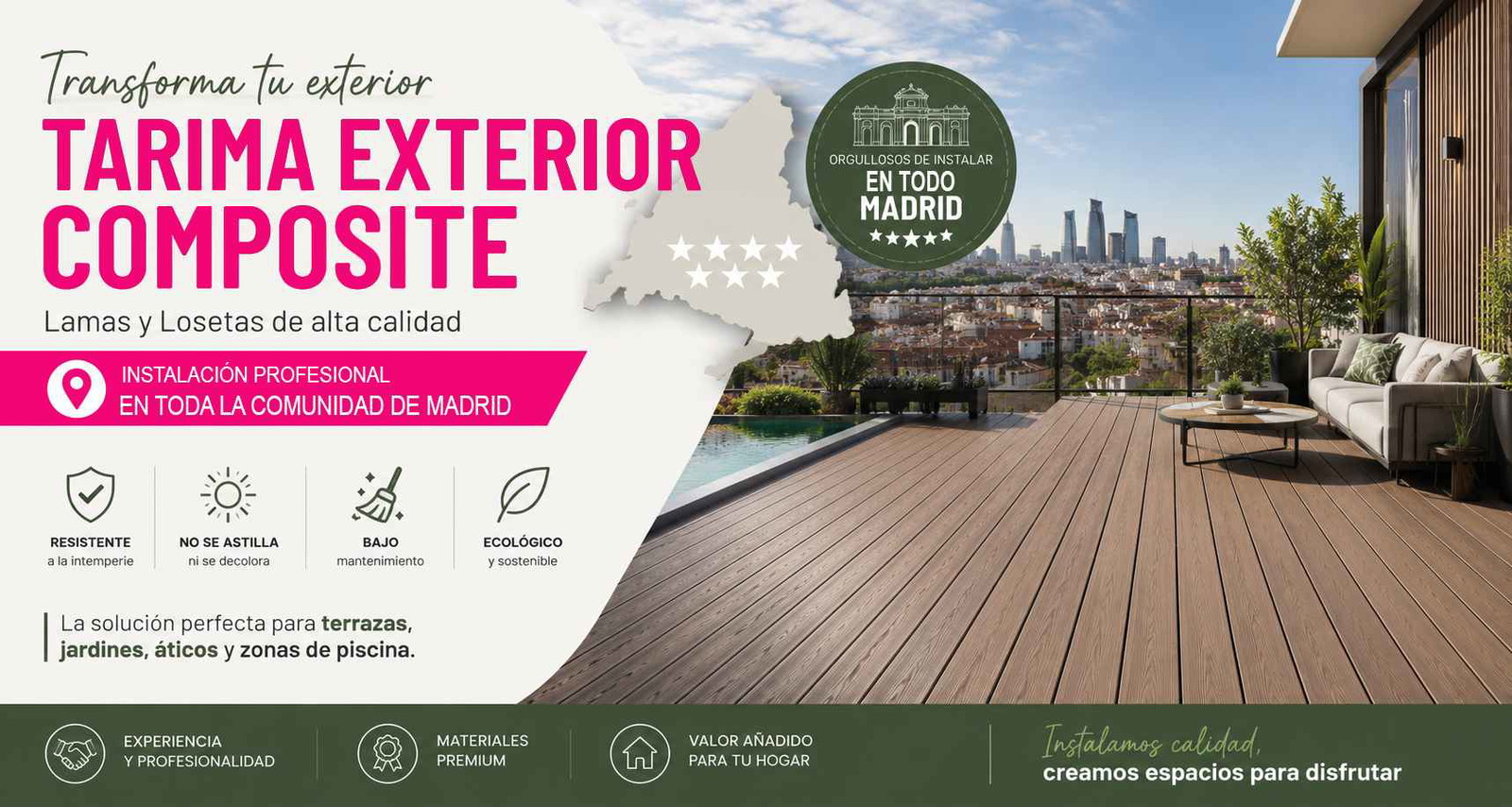 Tarimas y Suelos de Exterior en formato lamas y losetas de composite y PVC Instalación comunidad de Madrid