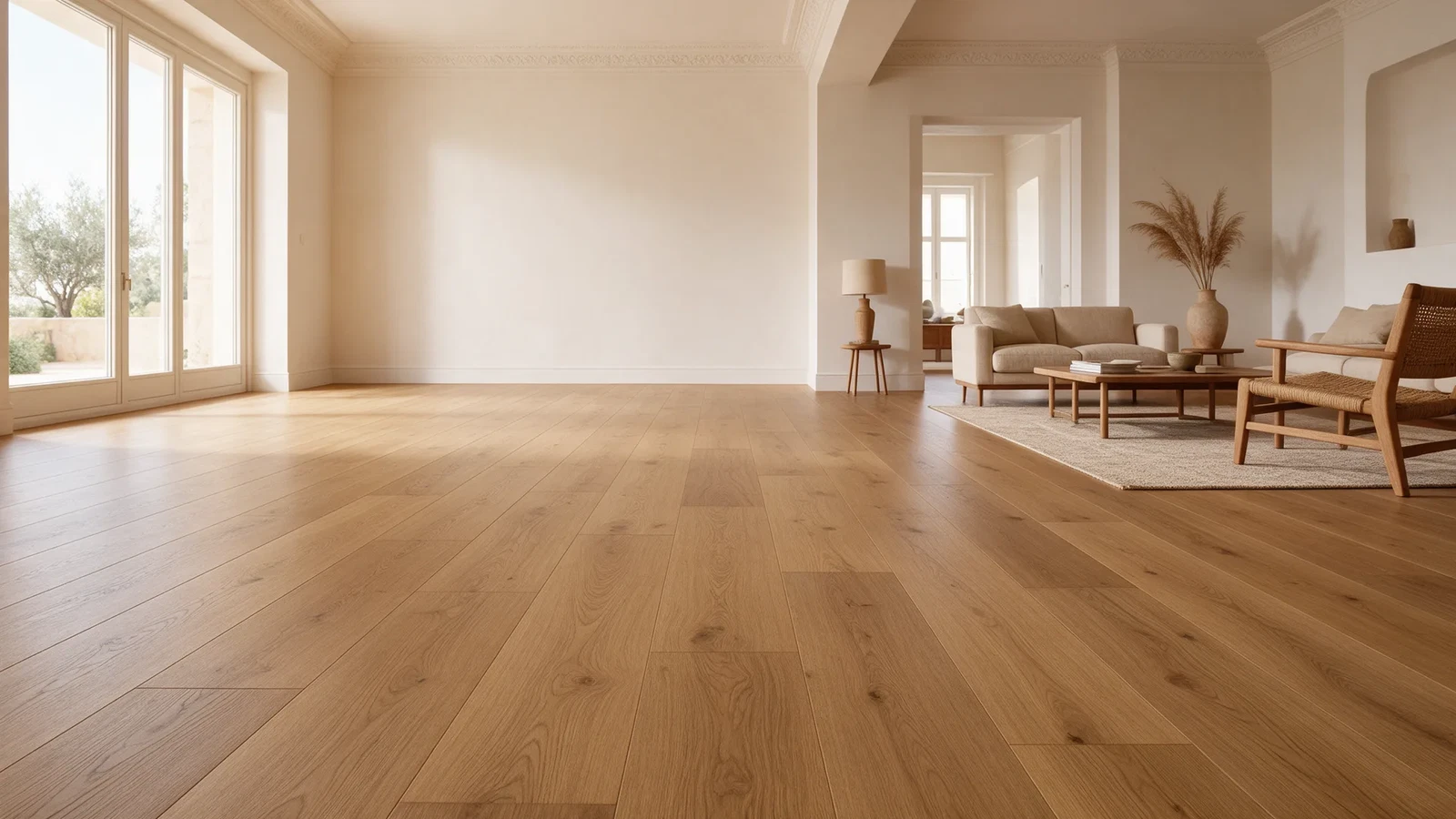 Salón luminoso con suelo de tarima de roble, showroom Pavimentos Arquiservi en Madrid
